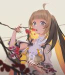  1girl ahoge blonde_hair blunt_bangs blurry blurry_foreground branch brown_hair colored_inner_hair dated food fruit gradient_background grey_eyes highres long_hair looking_at_viewer mt_(ringofive) multicolored_hair open_mouth original outdoors solo upper_body very_long_hair 