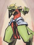  4_fingers absurd_res alien anthro armor bilopterix blonde_hair claws clothed clothing extraterrestrial female finger_claws fingers fur green_body green_fur hair hairy hi_res kexkiro long_ears looking_at_viewer low-angle_view sharp_teeth shoulder_pads solo tail teeth 
