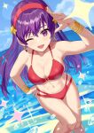  1girl asamiya_athena bikini bracelet breasts collar earrings hairband highres jewelry long_hair medium_breasts navel one_eye_closed purple_eyes purple_hair red_bikini snk solo sparkle swimsuit yagi2013 