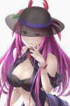  1girl bandeau bare_shoulders black_headwear blue_one-piece_swimsuit breasts fire_emblem fire_emblem_engage fire_emblem_heroes grey_background hand_up hat ivy_(fire_emblem) large_breasts long_hair looking_at_viewer navel official_alternate_costume one-piece_swimsuit purple_eyes purple_hair see-through simple_background smile solo stomach swimsuit ten_(tenchan_man) upper_body very_long_hair 
