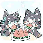  2girls animal_ears azur_lane black_hair blue_eyes cat_ears cat_girl chibi food fruit fusou_(azur_lane) highres himajin_(fd_jin) holding holding_food long_hair long_sleeves melon multiple_girls red_eyes simple_background wide_sleeves yamashiro_(azur_lane) 