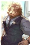  1boy animal_ears bara birry black_necktie border character_request closed_mouth collared_shirt copyright_request cowboy_shot formal furry furry_male glasses highres lion lion_tail looking_at_viewer necktie orange_eyes shirt smile sweater_vest tail watch white_border window wristwatch 