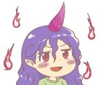  1girl blush green_shirt gyate_gyate horns ikiyouz jaggy_lines long_hair open_mouth pointy_ears portrait purple_hair purple_horns red_eyes shirt single_horn solo tenkajin_chiyari touhou transparent_background unfinished_dream_of_all_living_ghost 