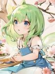  1girl ai-generated blue_dress blush daiyousei dress fairy fairy_wings green_hair own_hands_together solo touhou user_fszm2424 wings 