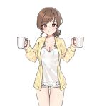  aa211108 blush breasts brown_hair camisole cardigan cleavage collarbone cowboy_shot cup hair_bun hands_up holding holding_cup idolmaster idolmaster_cinderella_girls idolmaster_cinderella_girls_starlight_stage light_smile looking_at_viewer medium_breasts mug nitta_minami shorts simple_background single_side_bun white_background white_camisole white_shorts yellow_cardigan 