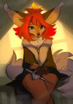  2023 anthro artist_name blue_eyes canid canine clothed clothing dagger ear_tuft female fennec fluffy fox hair hi_res hyilpi ilpion_(hyilpi) inside jewelry light lighting looking_at_viewer mammal melee_weapon necklace red_hair sitting solo tuft weapon 
