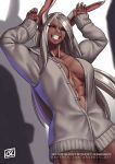  1girl :d abs animal_ears arms_up boku_no_hero_academia breasts collarbone dark-skinned_female dark_skin grey_hoodie hair_between_eyes highres hood hoodie large_breasts logo long_eyelashes long_hair looking_at_viewer mirko muscular muscular_female navel partially_unbuttoned patreon_username phoebus_art rabbit_ears rabbit_girl rabbit_pose red_eyes shadow smile solo teeth thick_thighs thighs white_hair 