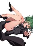  1girl ass black_dress blush clothes_between_thighs commentary_request dress flipped_hair floating floating_clothes fu-ta green_eyes green_hair highres impossible_clothes impossible_dress levitation looking_at_viewer no_panties one-punch_man pelvic_curtain simple_background skin_tight solo tatsumaki tight_clothes tight_dress white_background 