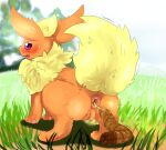  44shio anus blush bodily_fluids canid canine eeveelution feces female feral flareon fur generation_1_pokemon genitals mammal nintendo open_mouth pokemon pokemon_(species) pooping pussy scat simple_background solo tail 