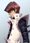  1boy black_shirt brown_hair card coat from_side jewelry kaiba_seto light_smile long_sleeves male_focus necklace open_clothes open_coat shirt short_hair simple_background sleeveless_coat solo upper_body usui_natrium white_coat yu-gi-oh! yu-gi-oh!_duel_monsters 