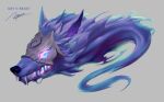  english_text from_side glowing glowing_eyes grey_background highres kim_ngoc kindred_(league_of_legends) league_of_legends mask no_humans open_mouth purple_eyes sharp_teeth signature simple_background solo spirit teeth wolf_(league_of_legends) 