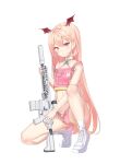 1girl absurdres assault_rifle bare_arms bare_shoulders blonde_hair choker crop_top crop_top_overhang frilled_choker frills gun head_wings highres holding holding_gun holding_weapon keibeam long_hair looking_at_viewer m4_carbine midriff one_knee open_fly original pink_choker pink_shirt pink_shorts red_eyes rifle shirt shoes short_shorts shorts simple_background sleeveless sleeveless_shirt socks solo stomach strap_slip thighs v-shaped_eyebrows very_long_hair weapon weapon_request white_background white_footwear white_socks 