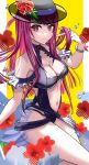  1girl absurdres bare_shoulders black_headwear black_one-piece_swimsuit breasts cleavage clothing_cutout dress dress_swimsuit fire_emblem fire_emblem_engage fire_emblem_heroes flower frills hat highres ivy_(fire_emblem) ivy_(summer)_(fire_emblem) large_breasts long_hair looking_at_viewer mole mole_under_mouth mu_tu_bu navel official_alternate_costume one-piece_swimsuit purple_eyes purple_hair see-through_headwear solo stomach stomach_cutout swimsuit 