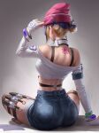  1girl absurdres arm_support back_tattoo beanie blue_shorts bracelet english_commentary fingerless_gloves gloves hand_on_headwear hat headphones headphones_around_neck highres indian_style jewelry kiriko_(overwatch) kunai le_sserafim official_alternate_costume overwatch overwatch_2 pink_headwear shorts simple_background sitting solo tattoo weapon white_gloves white_sleeves yeaayeoo 