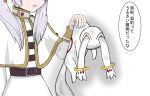  1girl belt brown_belt capelet commentary_request creature crossover frieren gold_trim grey_hair head_out_of_frame high_collar highres holding holding_creature kyubey long_hair long_sleeves mahou_shoujo_madoka_magica mahou_shoujo_madoka_magica_(anime) ni_delta open_mouth shirt skirt sousou_no_frieren speech_bubble striped striped_shirt translated twintails white_background white_capelet white_skirt 