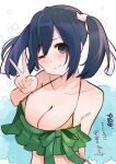  1girl artist_name bikini black_eyes blue_hair breasts cleavage collarbone dated eiji_(monochromexd) frilled_bikini frills green_bikini highres kantai_collection large_breasts long_hair one-hour_drawing_challenge smile solo souryuu_(kancolle) swimsuit twintails twitter_username upper_body v 