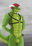  akryloth anthro balls collar dragon erection genitals green_body hand_on_hip harness hi_res horn kobold male mohawk muscular nude penis scalie simple_background smile solo 