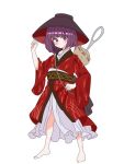  1girl barefoot black_headwear blush bowl bowl_hat closed_mouth full_body gekiyaba0512 hat japanese_clothes kimono long_sleeves needle obi purple_eyes purple_hair red_kimono sash short_hair simple_background solo sukuna_shinmyoumaru touhou white_background wide_sleeves 