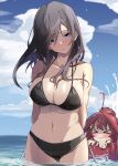  &gt;_&lt; 2girls absurdres beach bikini black_bikini blue_eyes blush breasts brown_hair cleavage closed_eyes cloud cloudy_sky commentary_request go-toubun_no_hanayome hair_ornament highres innertube large_breasts long_hair looking_at_viewer manmaru_syose multiple_girls nakano_itsuki nakano_miku navel open_mouth red_hair sky star_(symbol) star_hair_ornament swimsuit wading water wet 