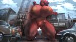  2022 5_fingers 9:5 absurd_res anthro areola big_areola big_breasts big_nipples biped black_sclera blush breast_rest breast_squish breasts building canid canine canis car city clitoris cloud cramped ears_up female fingers fur genitals hair heart_(marking) hi_res huge_breasts huge_thighs humanoid_hands kneeling looking_aside low-angle_view macro mammal mattie_(meanmetal) navel nervous nipples nude orange_heart outside ponytail purple_hair pussy red_body red_eyes red_fur sky skyscraper solo squish thick_thighs utterangle vehicle water wide_hips wolf yellow_areola yellow_clitoris yellow_nipples 