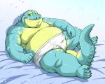 anthro bed belly biceps blue_body blue_scales blush briefs clothed clothing crocodile crocodilian crocodylid furniture green_eyes hi_res lifewonders lying makara male moobs on_back overweight reptile scales scalie solo takagi_kyou tighty_whities tokyo_afterschool_summoners underwear underwear_only white_briefs white_clothing white_underwear 