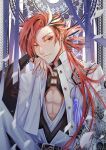  1boy absurdres artist_name black_hair dragon_print earrings eyebrow_cut fate/grand_order fate_(series) hair_between_eyes hand_on_own_face highres ichimichi_111 jacket japanese_clothes jewelry long_hair long_sleeves looking_at_viewer male_focus multicolored_hair pectoral_cleavage pectorals red_eyes red_hair smile solo streaked_hair takasugi_shinsaku_(fate) underpec upper_body white_hair white_jacket 
