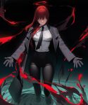  1girl abbystea aura black_coat black_gloves black_necktie black_pants blood breasts business_suit chainsaw_man coat collared_shirt formal gloves hair_down high-waist_pants highres large_breasts makima_(chainsaw_man) necktie office_lady open_clothes open_coat open_hands pants partially_submerged red_hair red_halo ringed_eyes shirt shirt_tucked_in solo suit tight tight_pants white_shirt yellow_eyes 