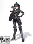  1girl armor armored_bodysuit bodysuit brown_hair copyright_request full_body gun hand_on_own_hip helmet highres holding holding_gun holding_weapon kakizaka_hachishika long_hair looking_at_viewer purple_eyes rifle shadow solo standing thigh_pouch weapon white_background 