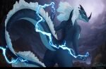  anthro blue_body blue_eyes breasts butt dragon dramatic_lighting dramatic_pose electricity female frill_(anatomy) hi_res horn lightning magic magic_user nipples nude scalie solo storm thunder zirys zirysdraws 