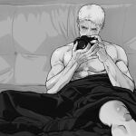  1boy bara blush brauniesb camera covering feet_out_of_frame greyscale highres holding holding_camera large_pectorals looking_at_viewer male_focus monochrome muscular muscular_male nude_cover on_bed pectorals reiner_braun selfie shingeki_no_kyojin short_hair shy sitting solo taking_picture topless_male under_covers 