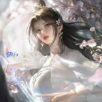  1girl absurdres brown_hair cherry_blossoms collar dress earrings energy facial_mark flower forehead_mark glowing hair_bun hair_flower hair_ornament highres holding holding_sword holding_weapon index_fingers_together jewelry long_hair looking_to_the_side lu_xueqi_(zhu_xian) parted_lips second-party_source solo sword upper_body weapon weiwu_da_tuzi_doris white_dress zhu_xian 