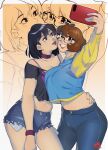  2girls artist_name black_eyes black_hair black_shirt blue_pants blue_shorts blue_sweater bra breasts choker collarbone commission commissione cropped_shirt cropped_sweater dated denim denim_shorts earrings english_commentary glasses groin hair_behind_ear highres jeans jewelry large_breasts medium_breasts multiple_girls navel off-shoulder_shirt off_shoulder original pants purple_bra purple_choker red_lips selfie shirt short_hair short_shorts shorts smile snowcie snowciel sweater torn_clothes torn_shirt torn_shorts two-tone_sweater underwear wristband yellow_sweater zoom_layer 