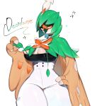  anthro breasts brown_body decidueye female generation_7_pokemon hi_res looking_at_viewer nintendo orange_eyes pokemon pokemon_(species) simple_background solo togetoge 