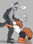  anthro balls blush bottomwear brown_hair canid canine canis clothing dialogue duo erection fellatio female fluffy fluffy_tail fox fur genitals grey_body grey_fur grey_hair hair hi_res humanoid_genitalia humanoid_penis kneeling korean_text male male/female mammal oral orange_body orange_fur penile penis ponytail sex shirt side_view skirt speech_bubble t-shirt tail text topwear wbnsfwfactory wolf 
