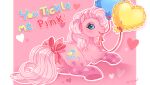  &lt;3 accessory balloon blue_eyes bow_ribbon conphettey cutie_mark earth_pony english_text equid equine eyelashes female feral furgonomics hair hasbro heart_(marking) hooves horse inflatable looking_at_viewer looking_back looking_back_at_viewer lying mammal mlp_g3 my_little_pony on_front on_model pink_body pink_hair pink_tail pinkie_pie_(g3) pony prick_ears ribbons smile solo tail tail_accessory tail_bow tail_ribbon text 