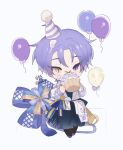  1boy baegji13 chibi happy_birthday heterochromia highres kuya_(nu_carnival) long_sleeves male_focus mole mole_under_eye nu_carnival purple_eyes purple_hair short_hair solo white_background yellow_eyes 