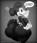  anthro big_breasts big_butt black_body bottomwear breasts butt clothing disney female flower gloves handwear hat headgear headwear hi_res huge_butt mammal minnie_mouse monochrome mouse murid murine plant rodent skirt solo spanish_text text thedeathcrow05 
