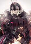  1girl absurdres ahoge armor armored_dress black_dress breasts chain collar dress fate/grand_order fate_(series) faulds fire gauntlets grey_hair headpiece highres jeanne_d&#039;arc_alter_(avenger)_(fate) jeanne_d&#039;arc_alter_(fate) large_breasts looking_at_viewer metal_collar no-kan open_mouth pale_skin plackart short_hair smile solo sword thighs weapon yellow_eyes 