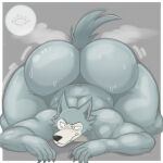  anthro beastars big_butt bodily_fluids butt canid canine canis claws during embarrassed legoshi_(beastars) male mammal moon musk niallz_(artist) solo sweat tail thick_thighs transformation weight_gain wolf 