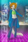  2023 anthro baggy_clothing bottomwear clothing denim denim_clothing digital_media_(artwork) farrah_furcett felid felin female flat_chested footwear fur hair hi_res jacket jeans kawaoneechan mammal midriff pants shirt shoes smile sneakers solo standing tail tank_top text topwear 