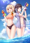  2girls :d bikini black_bikini black_hair blonde_hair blue_jacket blue_sky breasts brown_bikini cloud collarbone commentary_request frilled_bikini frills hair_ornament hair_scrunchie highres holding holding_water_gun inoue_takina jacket large_breasts long_hair lycoris_recoil medium_breasts multiple_girls muwa12 navel nishikigi_chisato ocean open_clothes open_jacket open_mouth outdoors partially_submerged pointing pointing_at_viewer pointing_gun ponytail purple_eyes red_eyes scrunchie short_hair sky smile sunlight swimsuit two-tone_bikini wading water_gun white_bikini white_scrunchie 