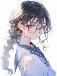  1girl black_hair blue_neckerchief braid braided_ponytail expressionless glasses highres long_hair looking_at_viewer looking_to_the_side neckerchief original purple_eyes school_uniform shirt solo tarte_(hodarake) white_background white_shirt 