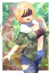  1girl :d bandaged_arm bandages blindfold blonde_hair blue_pants blurry blurry_background breasts cleavage collarbone commentary_request commission day depth_of_field facing_viewer forest fur-trimmed_jacket fur_trim green_jacket hair_bun hand_up jacket kou_hiyoyo long_hair long_sleeves medium_breasts nature navel open_clothes open_jacket original pants pointy_ears ponytail puffy_long_sleeves puffy_sleeves skeb_commission smile solo torn_clothes torn_pants tree very_long_hair 