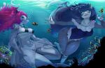  absurd_res anthro bikini bikini_bottom bikini_top blue_body blue_hair breasts bubble clothing daigokun duo female female/female fish flowing_hair freediving hair hi_res izghma_(zettra_thorn) long_hair marine membrane_(anatomy) one-piece_swimsuit red_hair sarong shalvi shark swimwear tattoo underwater water webbed_hands 