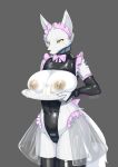  absurd_res anthro areola big_breasts bodily_fluids breasts canid canine canis clothed clothing female fur genitals hi_res lactating mammal milk nipples pussy solo treyer white_body white_fur 