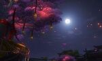 architecture cherry_blossoms cloud east_asian_architecture full_moon highres hy_vong_(phong_canh) lantern moon night night_sky no_humans original outdoors paper_lantern scenery sky third-party_source tree 