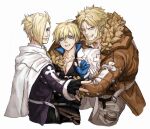  3boys beard black_gloves blonde_hair blue_eyes brown_coat coat daryl_(guilty_gear) ebi_pri_shrimp facial_hair fingerless_gloves fur-trimmed_coat fur_trim gloves guilty_gear guilty_gear_strive hair_between_eyes hug ky_kiske leo_whitefang long_hair looking_at_viewer male_focus manly mature_male multiple_boys orange_coat short_hair simple_background smile 