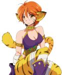  1girl animal_ears bandaged_leg bandages breasts breath_of_fire breath_of_fire_ii bustier cat_ears cat_tail cleavage closed_mouth gloves ooo orange_hair pointy_ears rinpoo_chuan short_hair simple_background solo staff tail white_background 