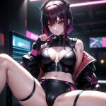  ai-generated blurry blurry_background breasts cigarette colored_skin cyberpunk gradient_hair holding holding_cigarette multicolored_hair non-web_source red_eyes short_hair sitting spread_legs white_skin 