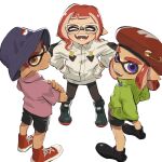  1boy 2girls black_footwear black_pantyhose black_shorts blue_headwear closed_eyes closed_mouth fangs from_above frown glasses gloves green_jacket grin highres humanlynn inkling inkling_boy inkling_girl jacket looking_back multiple_girls octoling octoling_girl pantyhose poke_ball_print purple_eyes red_footwear red_headwear safety_pin shoes shorts smile sneakers splatoon_(series) thick_eyebrows white-framed_eyewear white_background white_gloves white_jacket 
